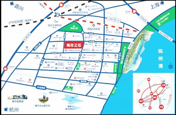 配 套: 沪乍杭铁路连接上海22号线金山支线,从金山乘坐城际轻轨到海盐