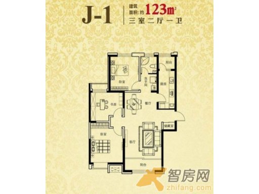 J-1户型图3室2厅1卫
