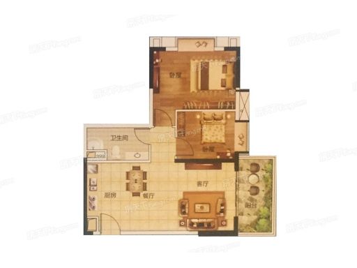 玩海73平米户型居  室：2室2厅1卫1厨建筑面积：73.0